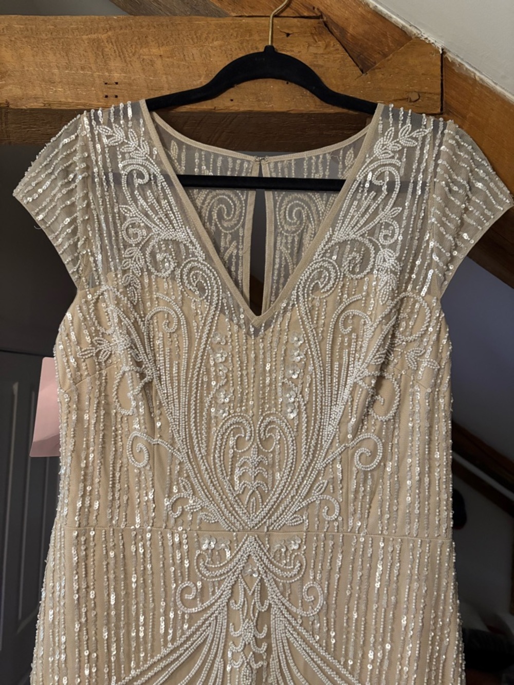 BHLDN Beaded V-Neck Prom Dress in Champagne/Nude